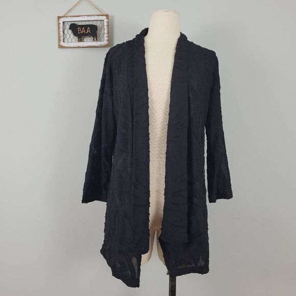 Lulu B Black Open Front‎ Cardigan Sz M Semi Sheer Textured Designs Neutral - Picture 1 of 8